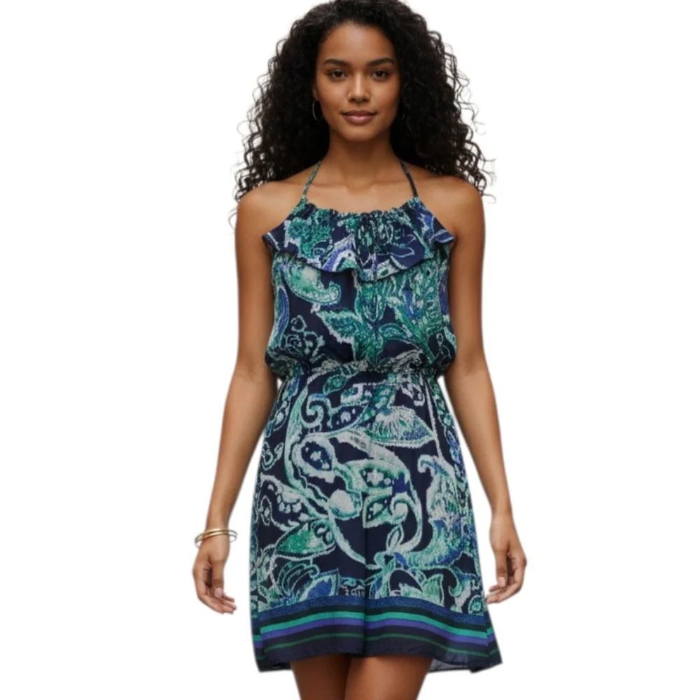 XHILARATION WOMAN'S BLUE SILKY PAISLEY RUFFLE LATTICE DRESS SZ. XL EUC.